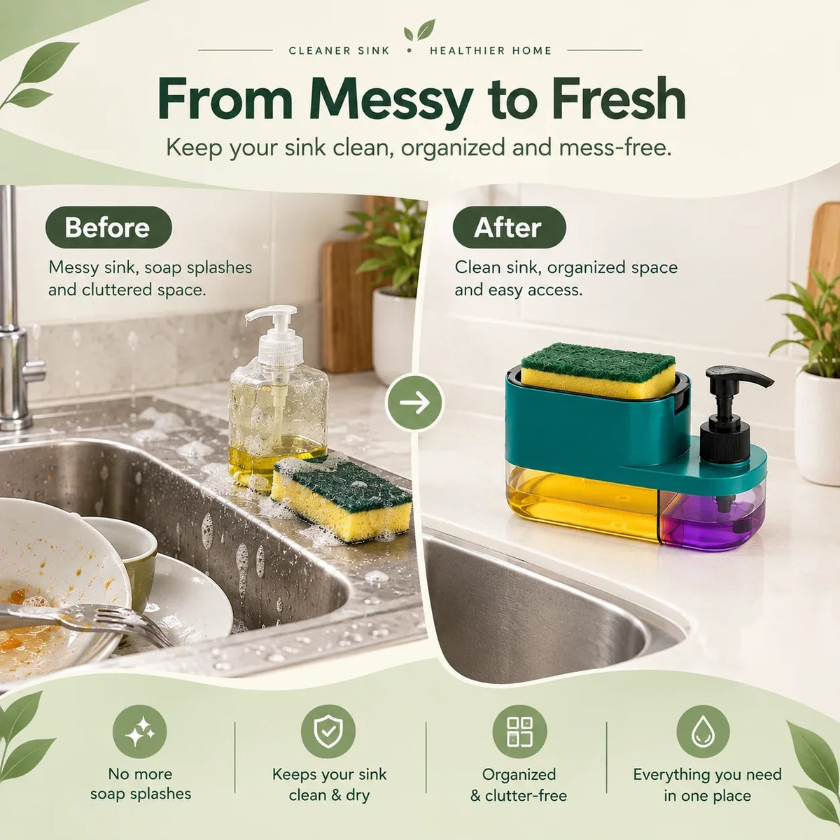 3-in-1 Soap Dispenser & Dish Scrubber Holder