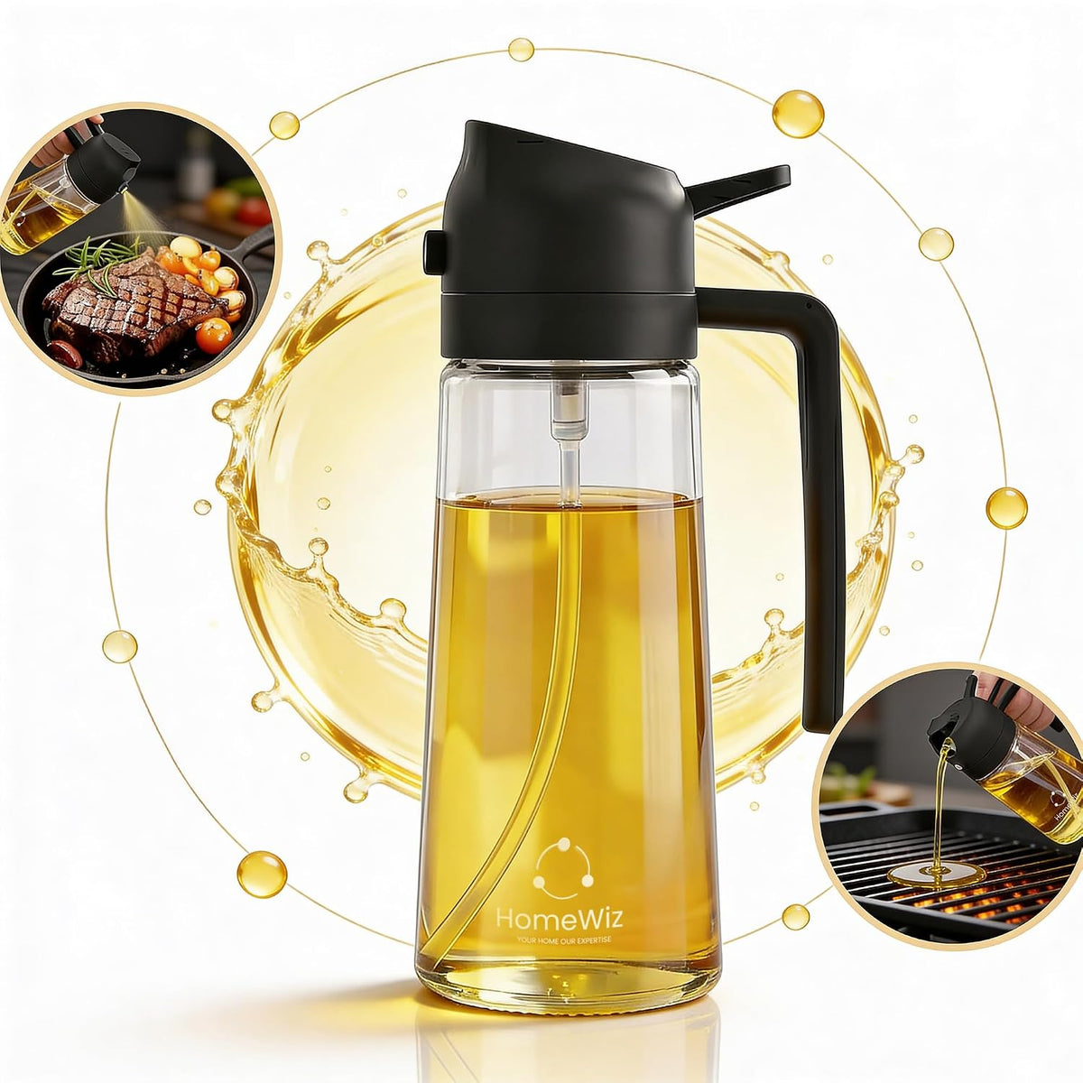 HomeWiz Oil Dispenser For Kitchen Glass Bottle 500 ml | 3-in-1 Mode Oil Sprayer, Cooking, Salad & BBQ | Stream, Spray & Pour Mist | Precision Refillable Bottle for Olive & Vinegar | Leakproof | Black