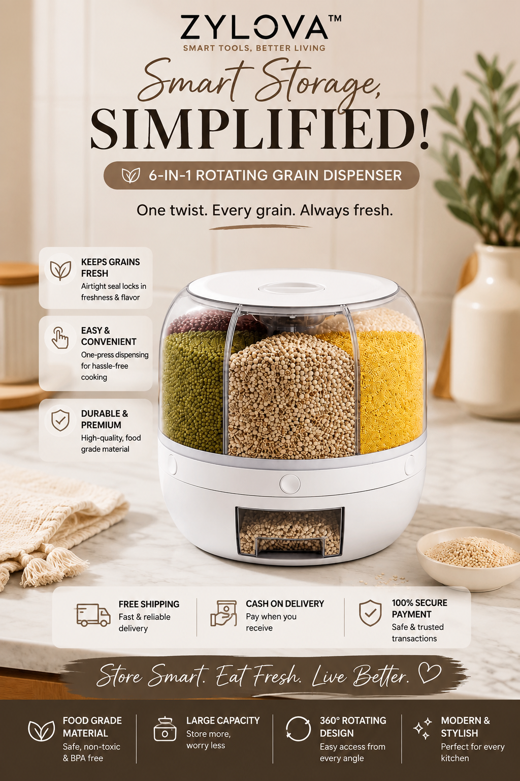 Zylova™ 6-Compartment Rotating Grain & Cereal Dispenser