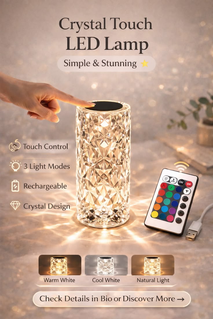 Zylova™ Crystal RGB Touch Table Lamp – Rechargeable LED Diamond Night Light