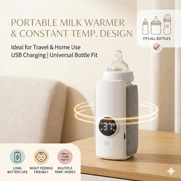 Zylova™ Portable Baby Bottle Warmer – Rechargeable Smart Milk Heater